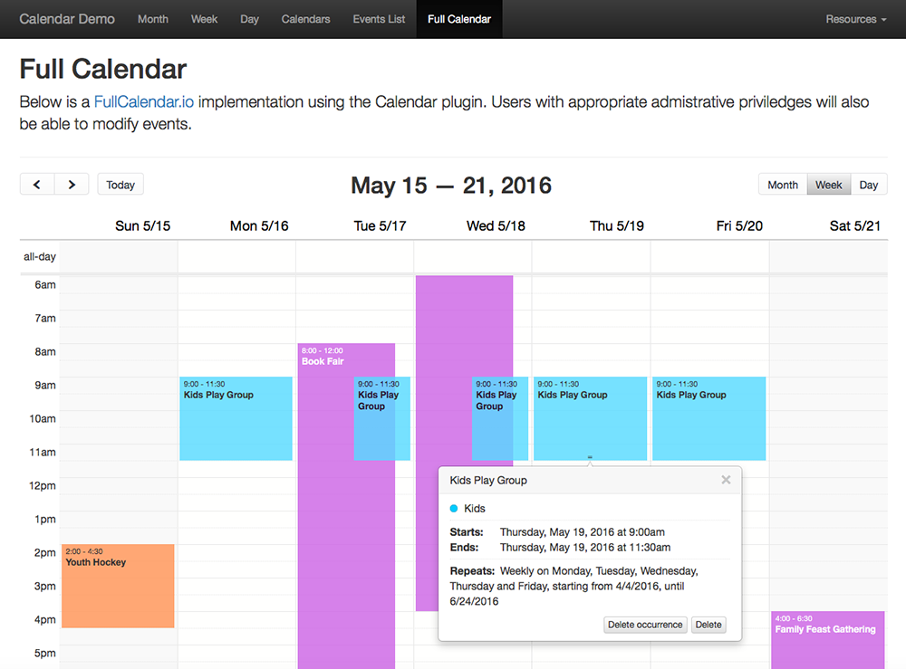 FullCalendar JS library - Month view