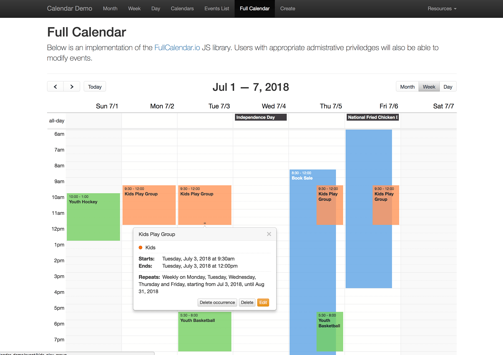 FullCalendar JS library - Month view