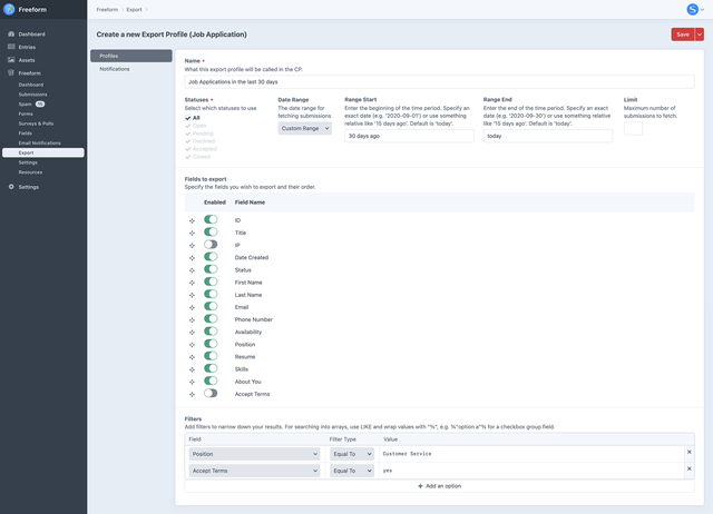 Create a New Export Profile